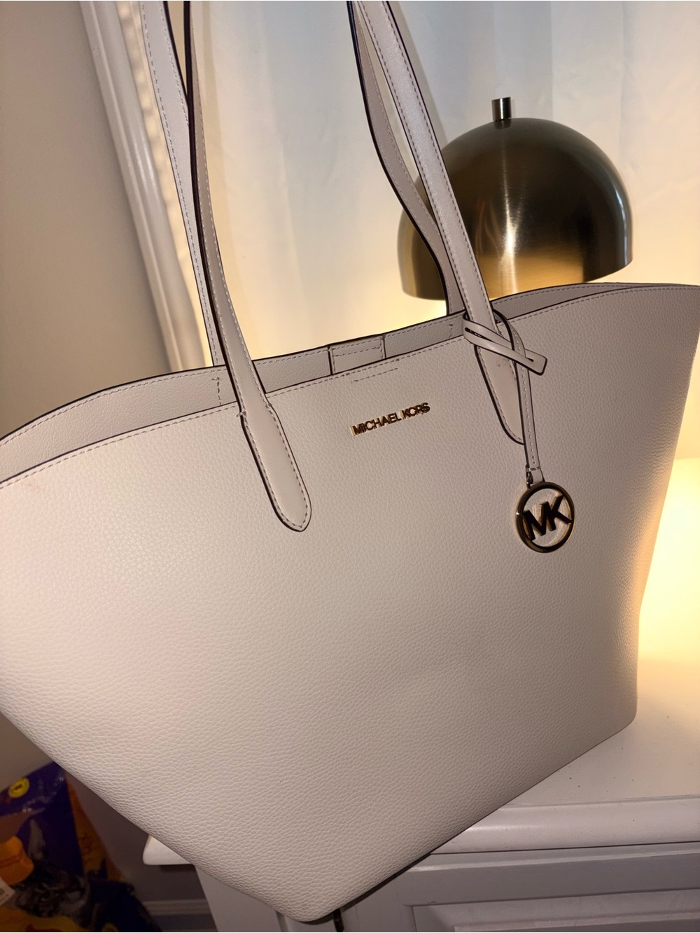 Michael Kors Cream Pebbled Leather Tote with Gold MK Charm